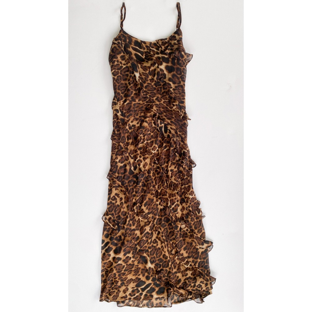 Endless Rose Ruffled Maxi Dress Animal Print Spaghetti‎ Strap Brown M